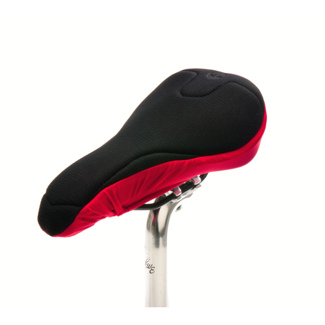 SPIN_Woman_Black_Red_Padded_Peloton_One_Bike_Seat_Cover_Cushioned_comfort_By_Pedalshed_EIT_Side.sm