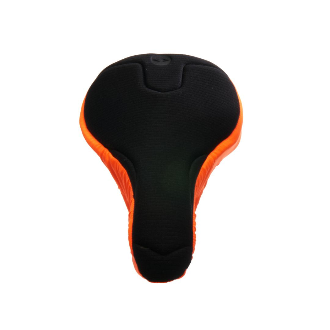 SPIN_Woman_Black_Orange_Padded_Peloton_One_Bike_Seat_Cover_Cushioned_comfort_By_Pedalshed_EIT_Front.sm
