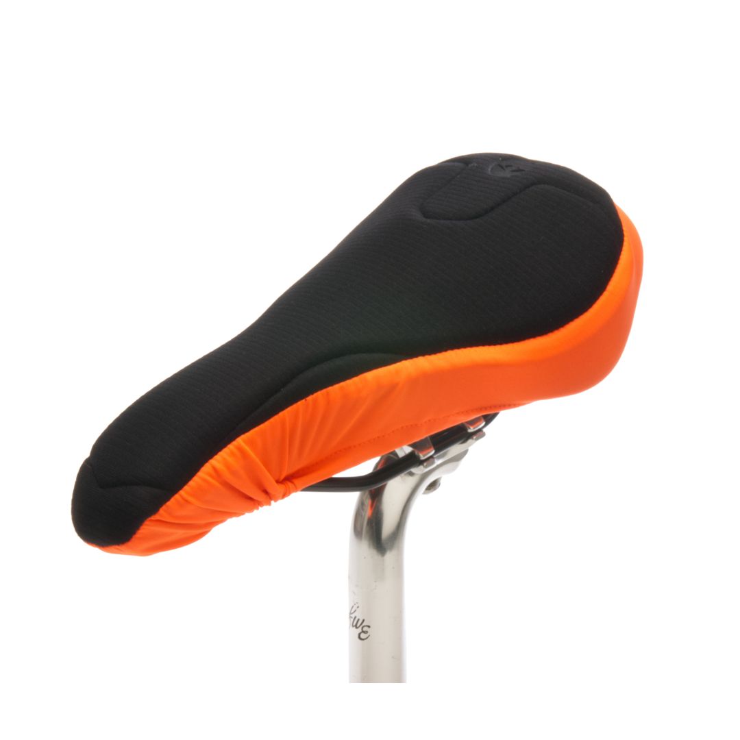 SPIN_Woman_Black_Orange_Padded_Peloton_One_Bike_Seat_Cover_Cushioned_comfort_By_Pedalshed_EIT_Side.sm