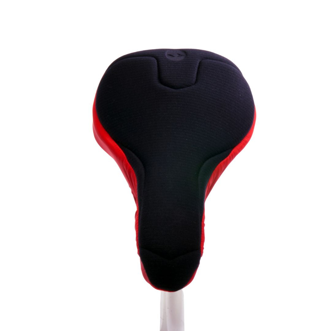 SPIN_Woman_Black_Red_Padded_Peloton_One_Bike_Seat_Cover_Cushioned_comfort_By_Pedalshed_EIT_Front.sm