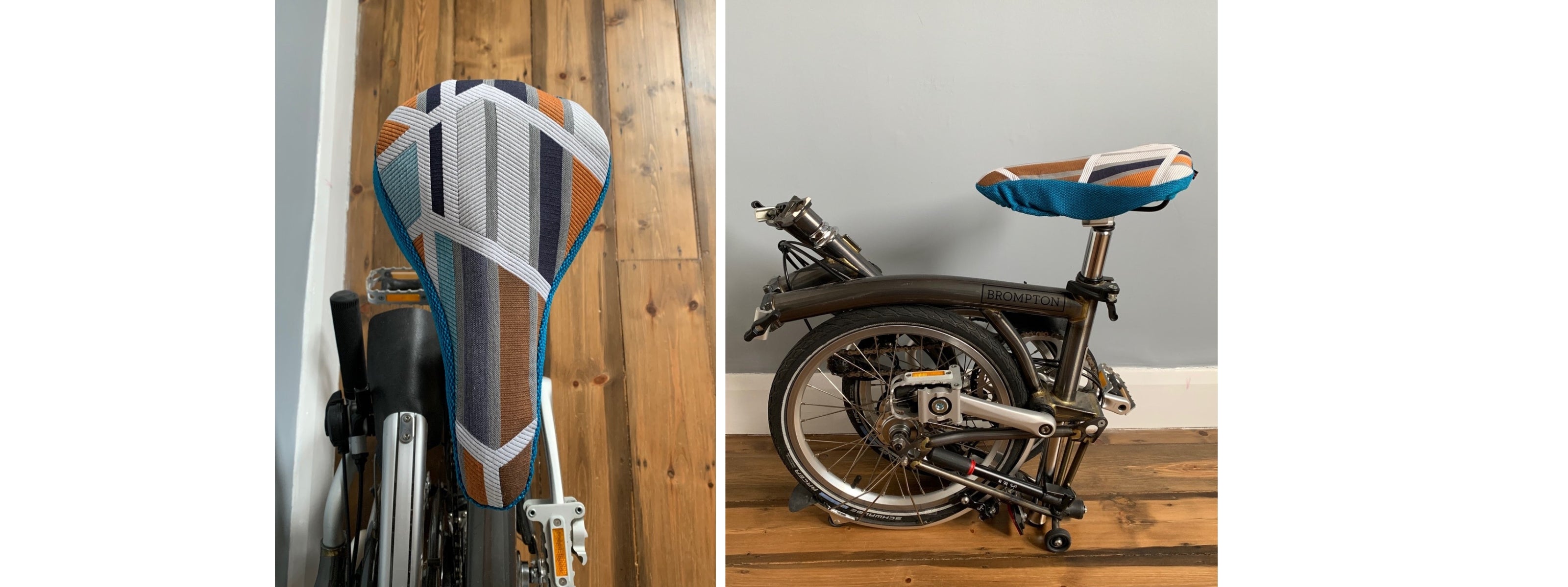 Blue-patterned-Bicycle-Seat-Cover-for-a-Brompton-bike