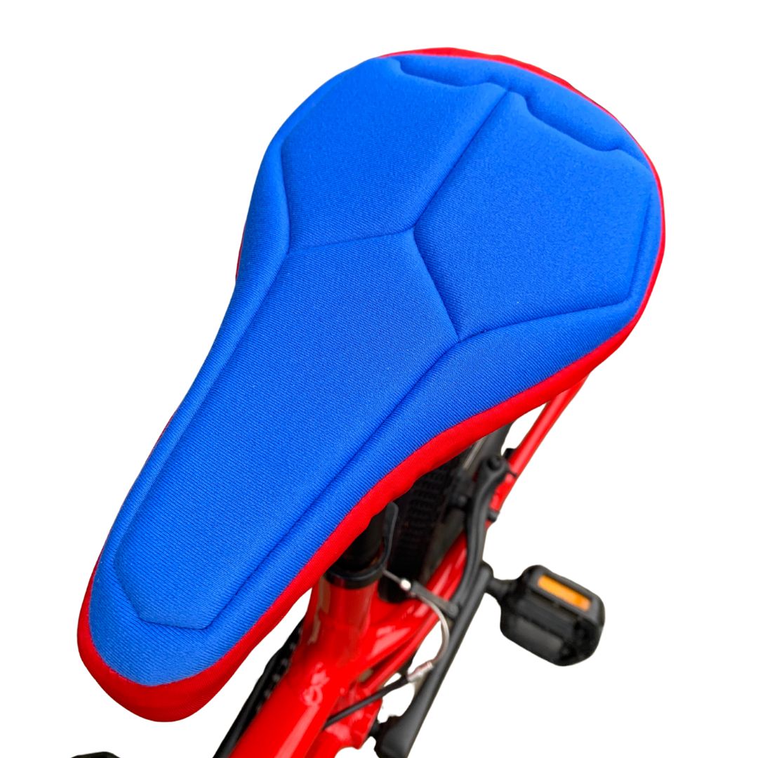 Blue-and-red-kids-padded-bike-seat-cover-by-pedalshed