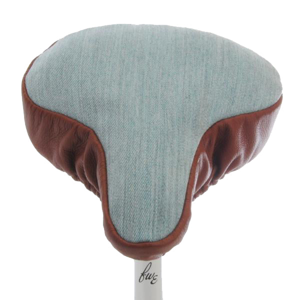 Smooth Chestnut Saddle Cover - Pale Blue with Tan Leather